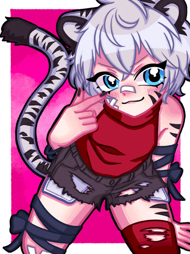 a cartoon drawing of a girl with white hair and a tiger tail