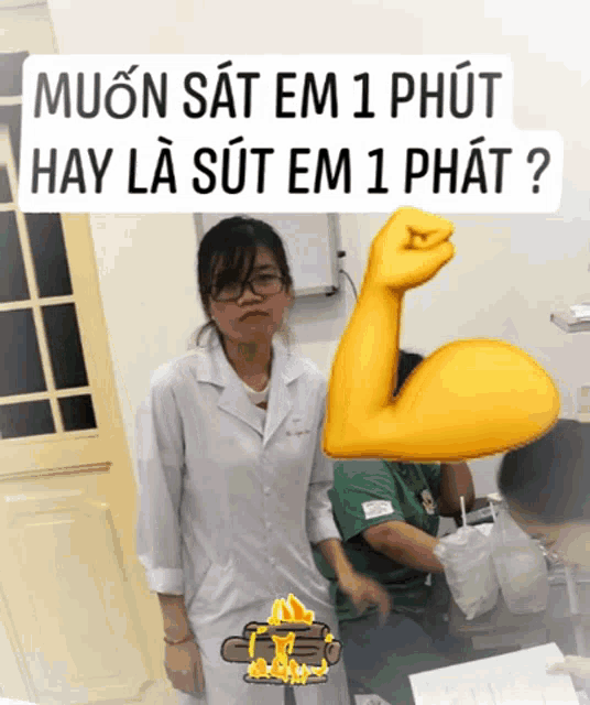 a woman in a lab coat stands next to a yellow fist with the words muon sat em 1 phut hay la sut em