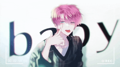a boy with pink hair is making a phone call