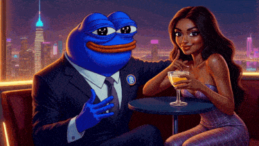 a cartoon of pepe the frog sitting next to a woman holding a glass of beer