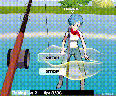 a girl with blue hair is holding a fishing rod in a game