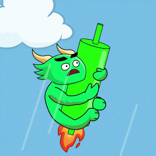 a green cartoon character is holding a green rocket with a red tail