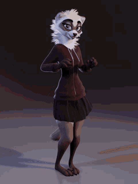 a furry cartoon character wearing a hoodie and a black skirt