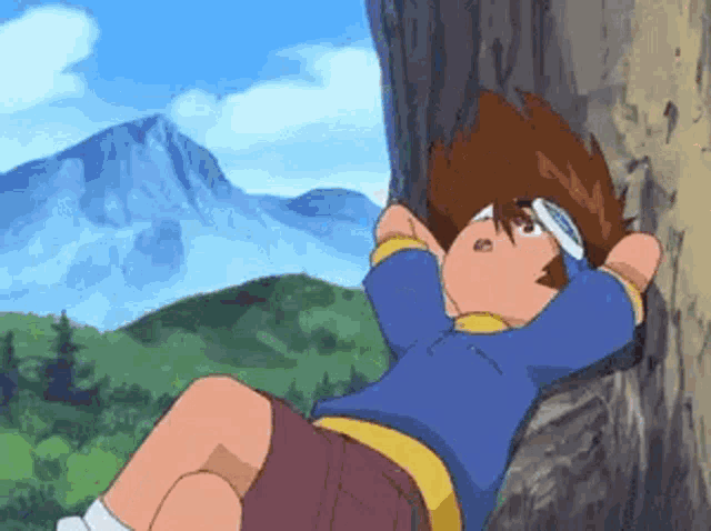 a cartoon character is laying on a tree trunk with his head resting on it .