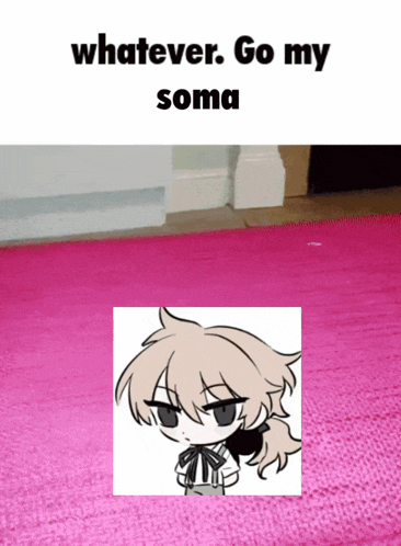 a pink rug with a drawing of a girl on it and the words whatever go my soma