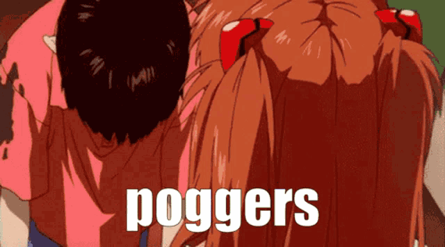 a couple of anime characters with the word poggers in white letters
