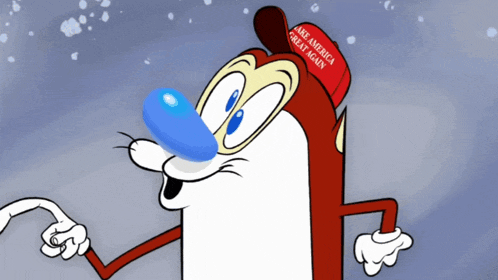 a cartoon character with a red hat that says " america great again "