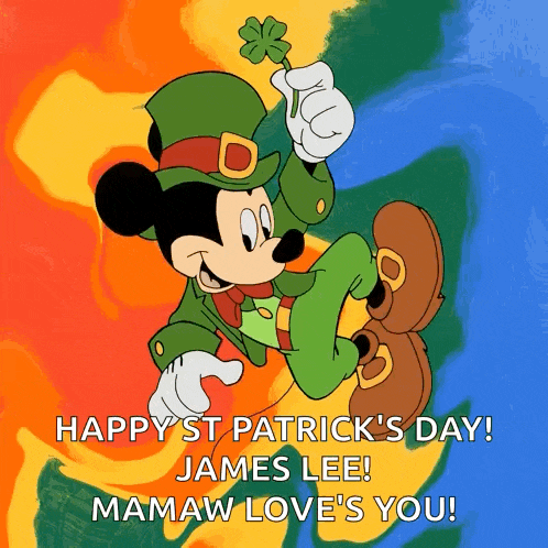 a cartoon of mickey mouse in a leprechaun outfit holding a four leaf clover