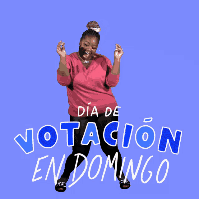 a woman in a red sweater is standing in front of a blue background that says dia de votacion en domingo