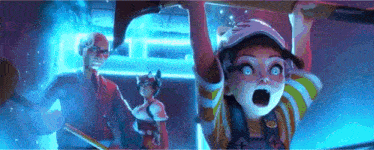 a group of cartoon characters are standing next to each other in a room with a blue light coming out of the ceiling .