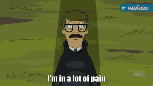 a cartoon character says " i 'm in a lot of pain " in a field