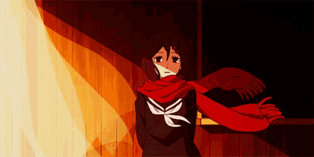 a girl with a red scarf around her neck looks out a window