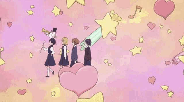 a group of people are walking around a heart with hearts and stars in the background