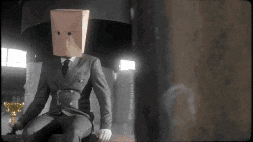 a man in a suit and tie has a paper bag on his head