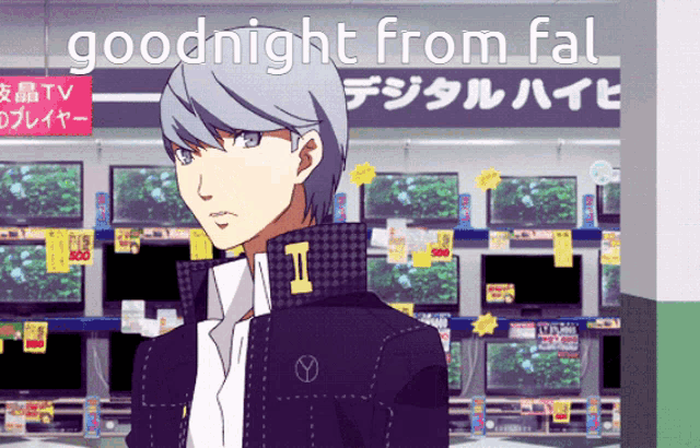 a man in a jacket stands in front of a sign that says " goodnight from fal "