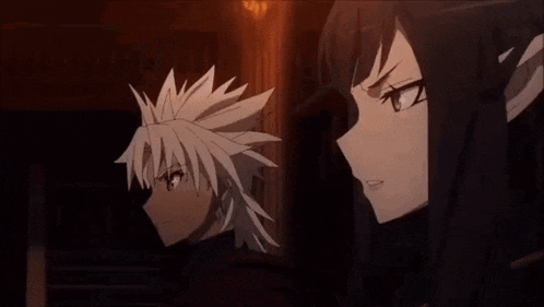 a couple of anime characters standing next to each other and one of them is holding another person 's hand .