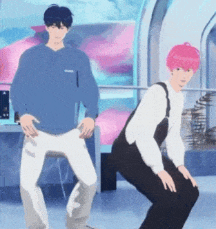 a couple of anime characters are standing next to each other in a room .