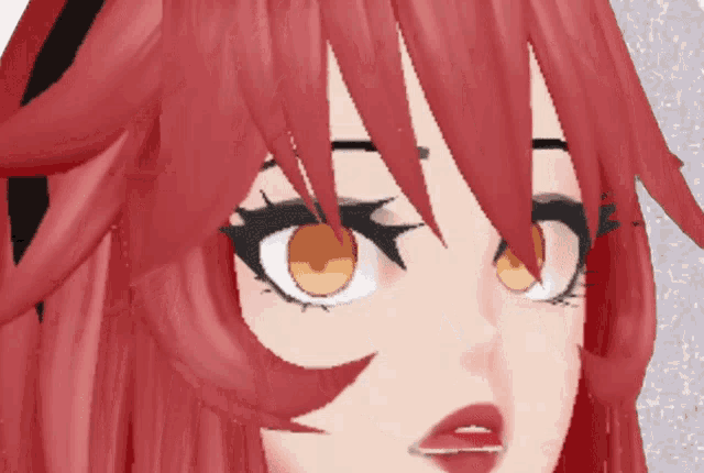 a close up of a girl 's face with red hair and orange eyes