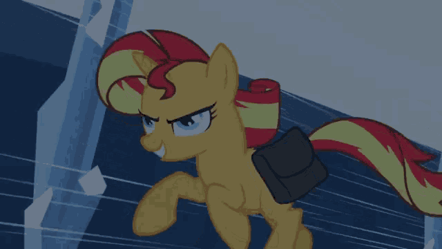 sunset shimmer from my little pony is running with a bag around her waist