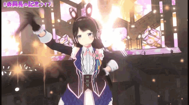 a girl in a purple dress and headphones is dancing in front of a stage with the number 80 on it