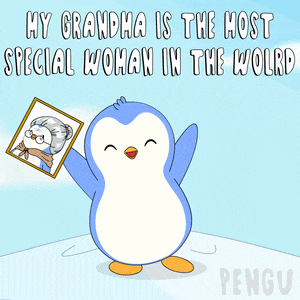 a penguin holds up a picture of an elderly woman with the caption my grandma is the most special woman in the world