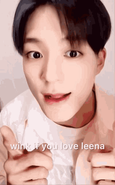 a close up of a person 's face with the words " wink if you love leena " below it