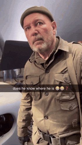 a man in a military uniform has a snap that says does he know where he is ?