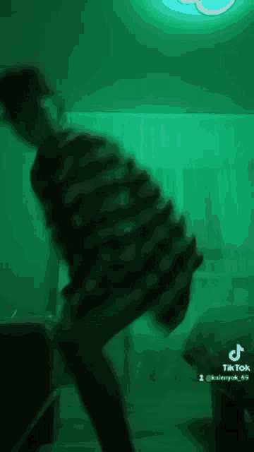 a person is dancing in a dark room with green lights behind them .