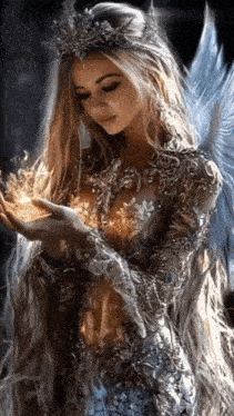 a woman with long hair and wings is wearing a crown and holding a fireball in her hands .