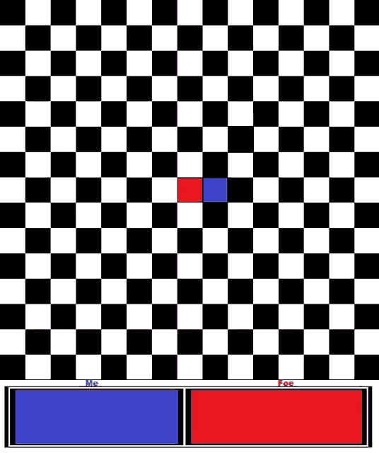 a black and white checkered board with a red and blue square in the middle .