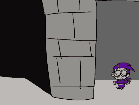 a cartoon character with purple hair and yellow eyes is standing in front of a gray wall