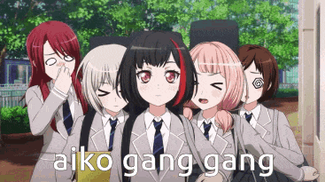 a group of anime girls are standing next to each other with the words aiko gang gang written in the corner