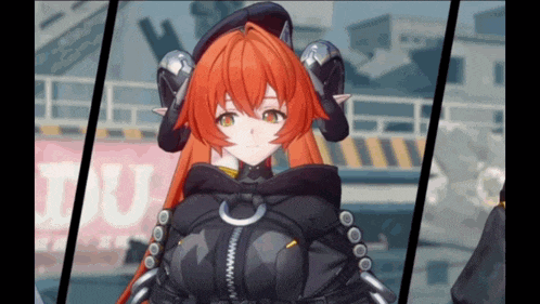 a girl with red hair is wearing a black jacket and a hat