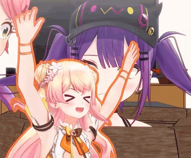 a girl with purple hair is wearing a hat that says " w "