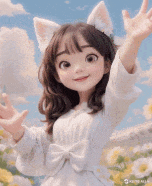 a cartoon girl with cat ears and a bow on her dress