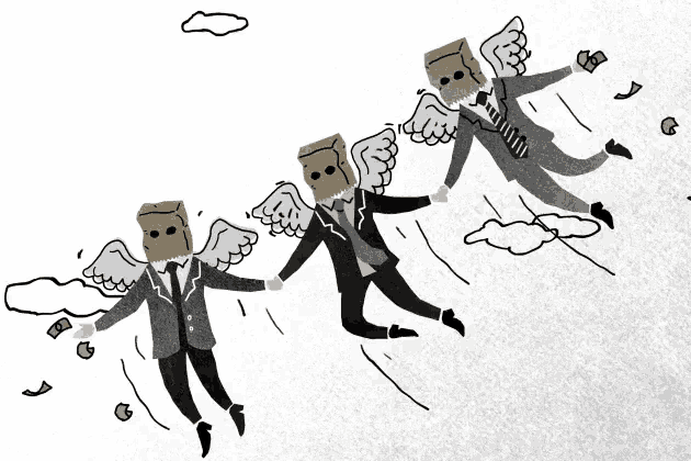 a drawing of three men with paper bags on their heads