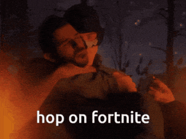a man is hugging another man with the words hop on fortnite on the bottom