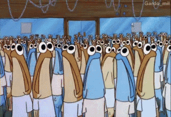 a group of cartoon characters are standing in a row with their eyes closed