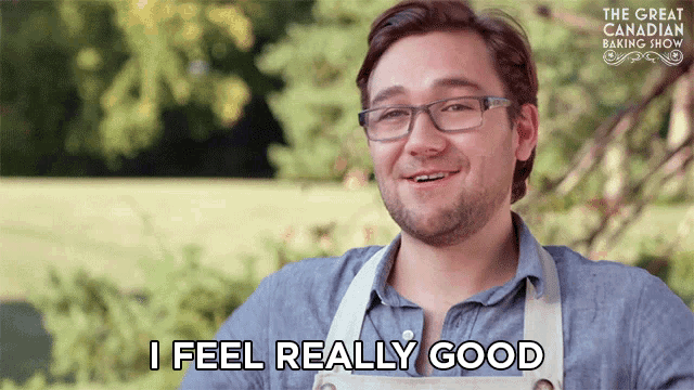 a man says i feel really good in front of the great canadian baking show logo