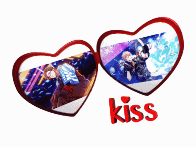 two heart shaped frames with the word kiss on the bottom right