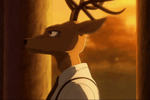 a close up of a deer in a suit and tie looking out a window