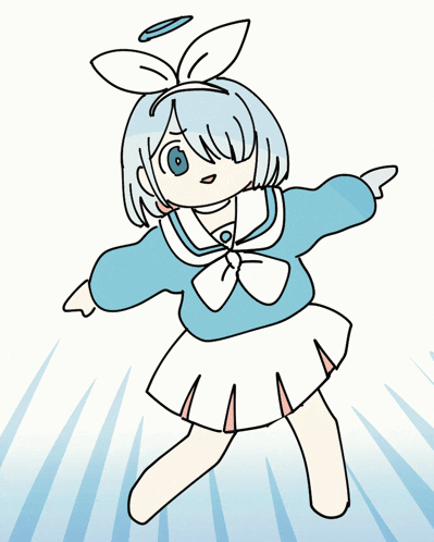 a drawing of a girl with blue hair and a white bow on her head