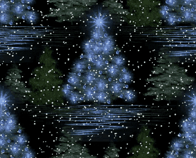a christmas tree is surrounded by trees and snow on a black background