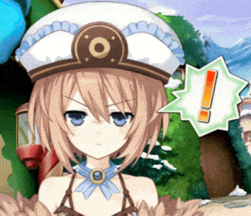 a girl with a hat and a speech bubble with an exclamation point