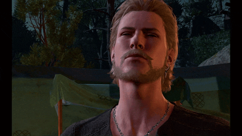 a man with a beard wearing a necklace and earrings