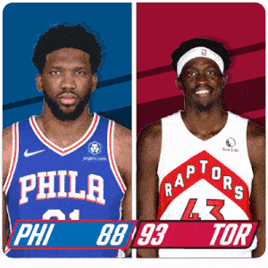 a philadelphia basketball player and a raptors basketball player are standing next to each other