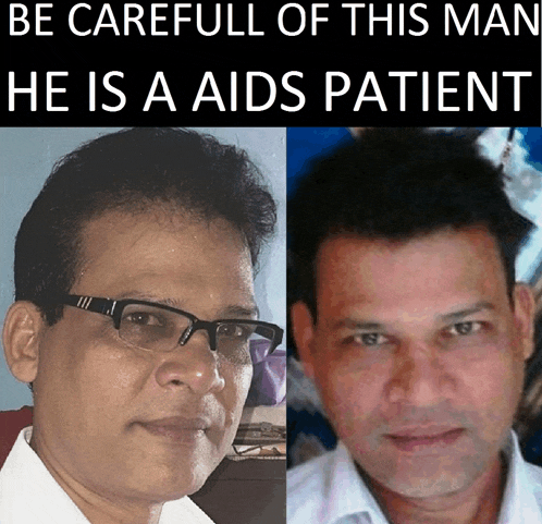 a man with glasses and a sign that says be careful of this man he is aids patient