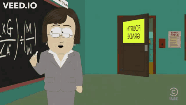 a cartoon of a teacher in front of a fourth grade door