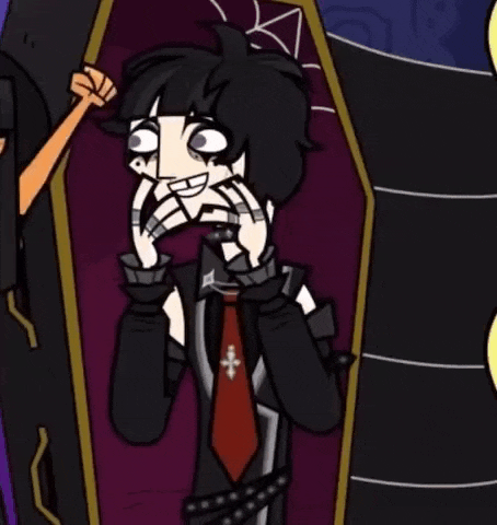 a cartoon character is standing in a coffin and smiling .