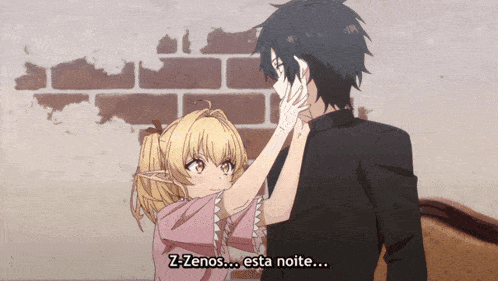 a girl touches a man 's face and says " z-zenos ... esta noite "